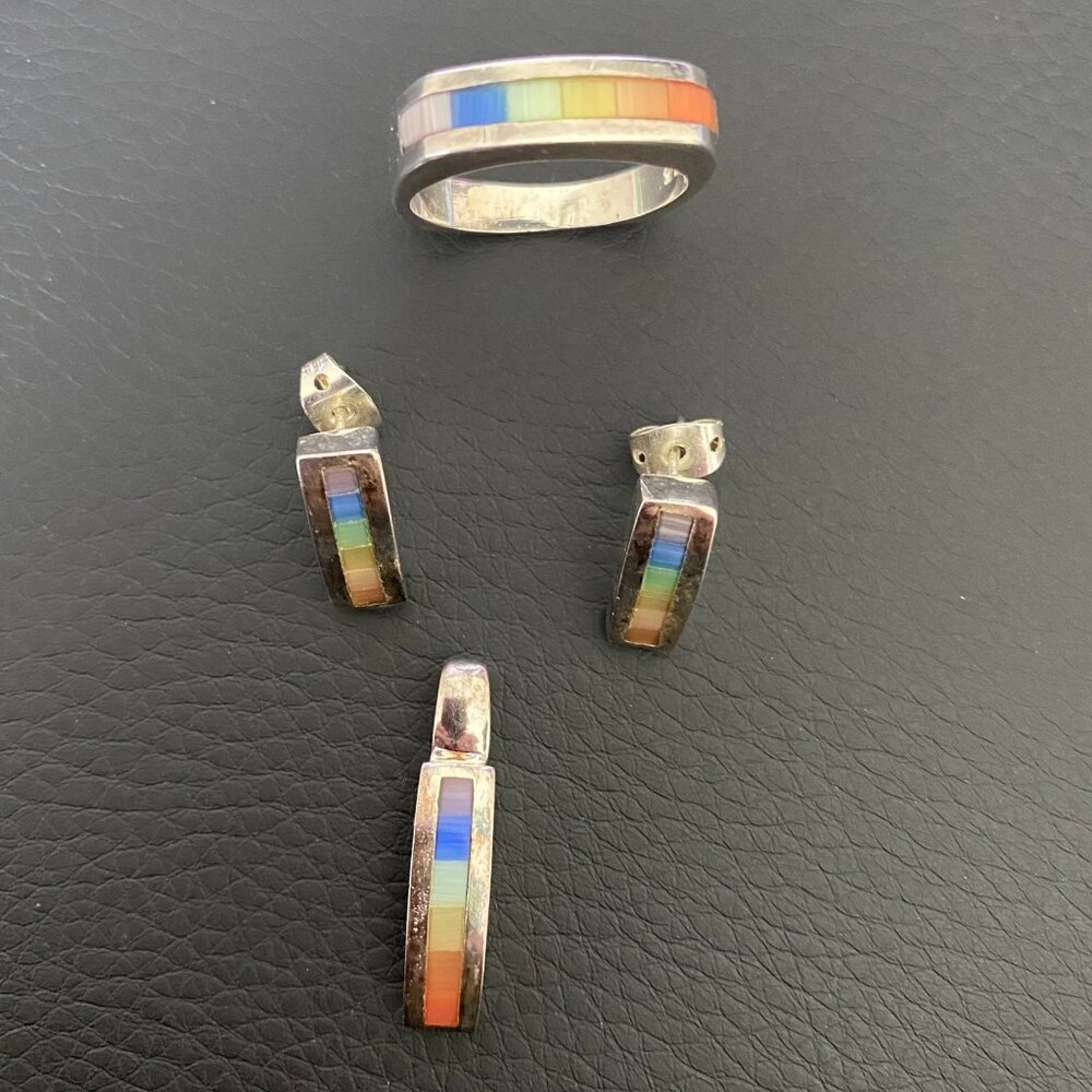 Sterling Silver Rainbow Inlay Earrings, Pendant, and Ring